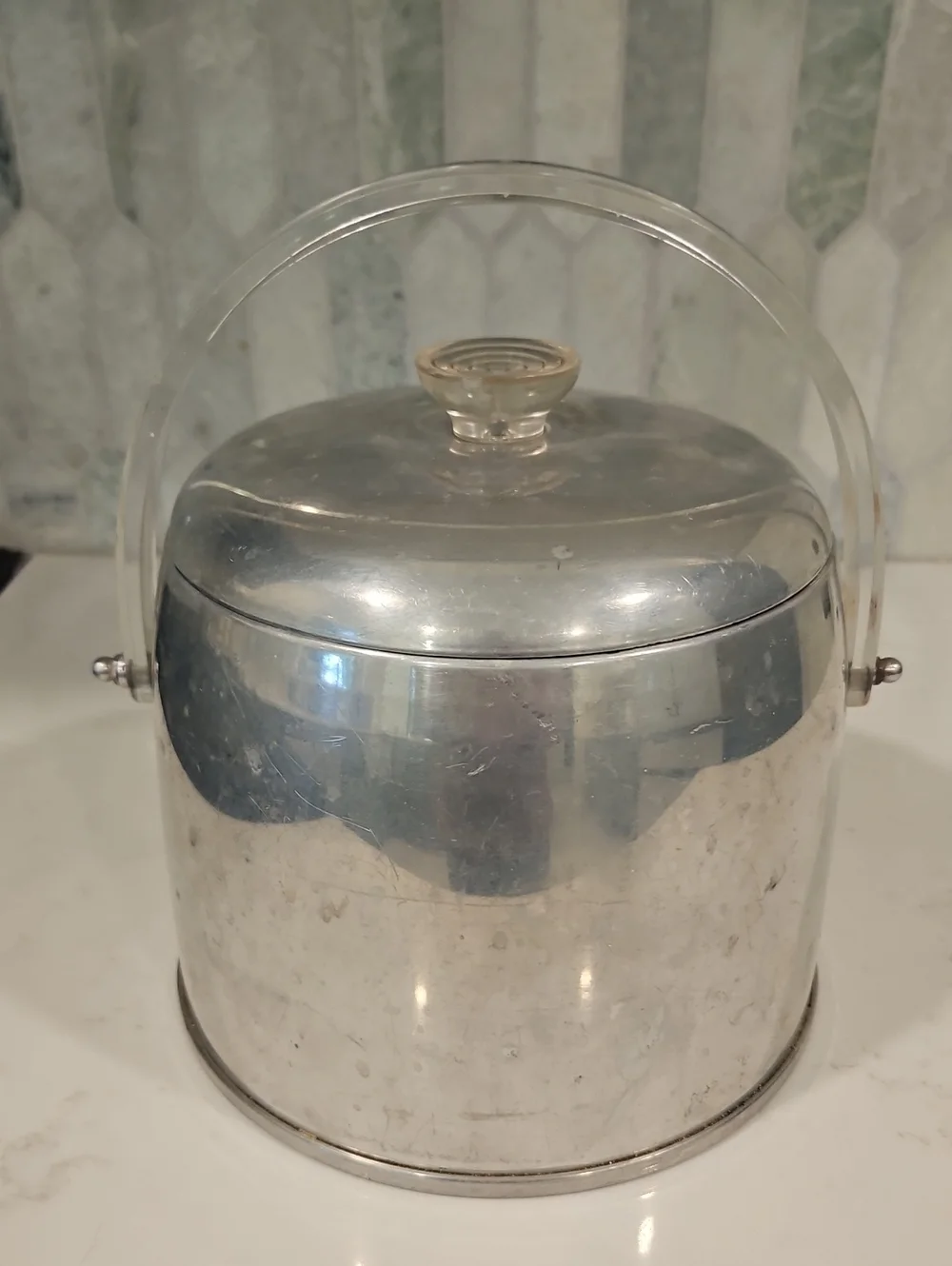 Vintage Kromex 1950s MCM Spun Aluminum Ice Bucket Acrylic Handle Retro Barware